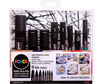 Ensembles de 8 marqueurs peinture Uni POSCA, tailles de plumes assorties, noir ou blanc