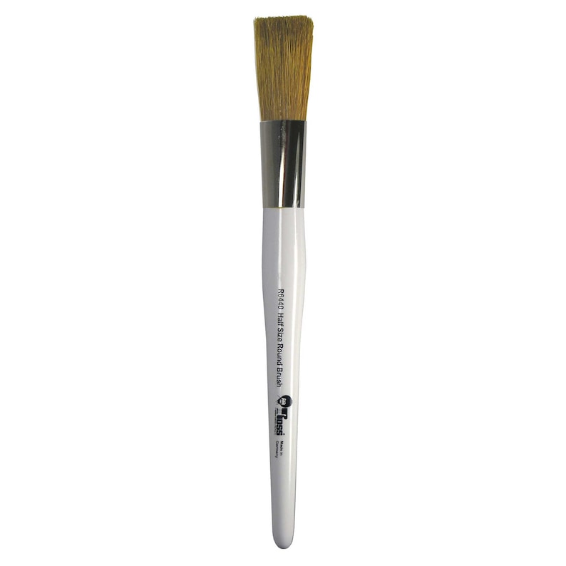 May include: A white handled brush with a natural bristle head. The brush is labelled "#6440 1/2" Size Round Brush" and "The Brush" with a logo.