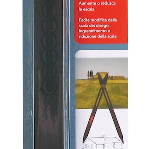 May include: A black scale divider compass with a gold knob and the text "Derwent" printed in red on the side. The packaging is blue and red with the text "Scale Divider Compass de reduction" printed in white.