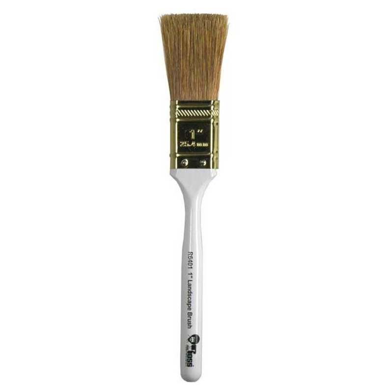 May include: A 1-inch white-handled paint brush with natural bristles. The brush is labelled "#6401 1" Landscape Brush" and has a gold-coloured ferrule.