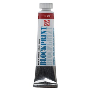 May include: A tube of Talens Blockprint water-based paint in the color Carmine. The tube is silver with blue text that reads "BLOCKPRINT" and "WATERBASIS - WATER-BASED - BASE D'EAU - WASSERBASIS". The tube has a red cap with the number 318 printed on it.
