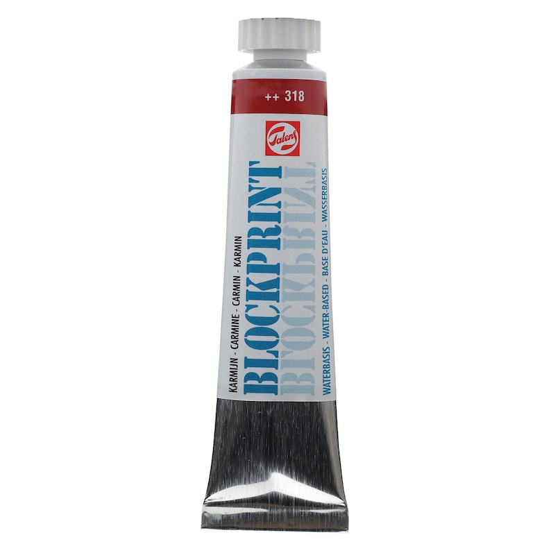 May include: A tube of Talens Blockprint water-based paint in the color Carmine. The tube is silver with blue text that reads "BLOCKPRINT" and "WATERBASIS - WATER-BASED - BASE D'EAU - WASSERBASIS". The tube has a red cap with the number 318 printed on it.
