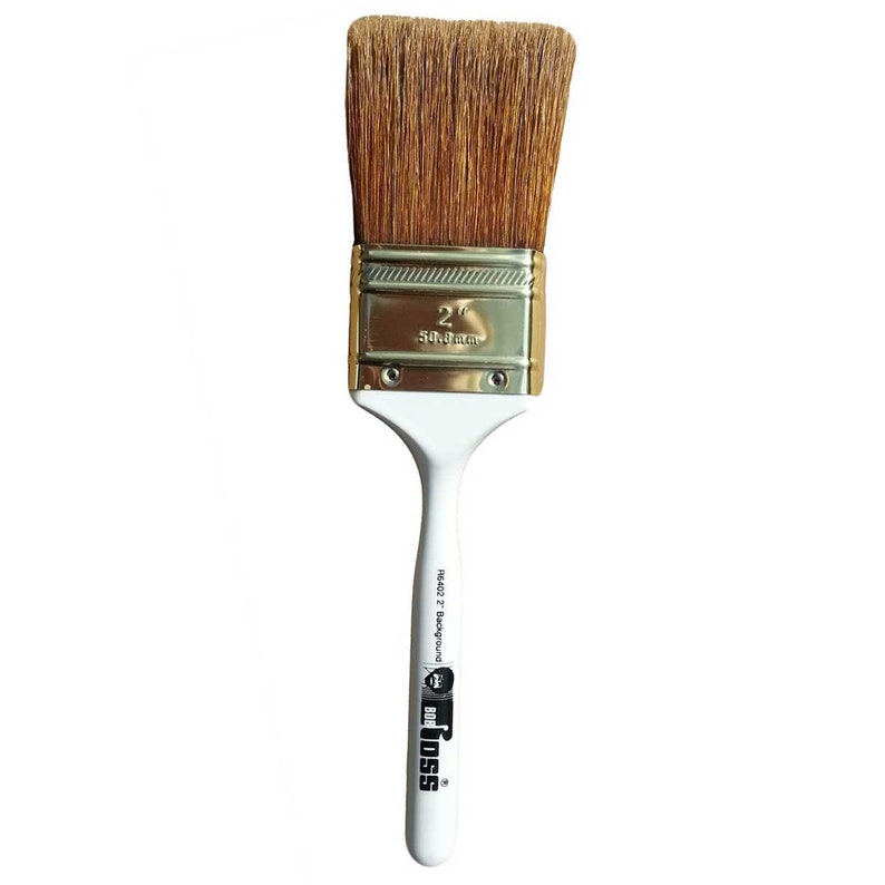 May include: A 2-inch, white-handled paint brush with brown bristles. The brush is labelled "2" and "50.8mm" on the metal ferrule. The handle is labelled "18462 2" Blackgound" and "BOSS".