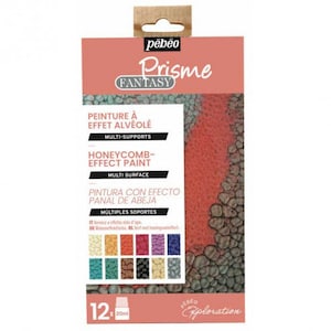 May include: A set of 12 honeycomb effect paint bottles in various colors. The bottles are 20 ml each and are labeled with the brand name "pebeo Prisme Fantasy".