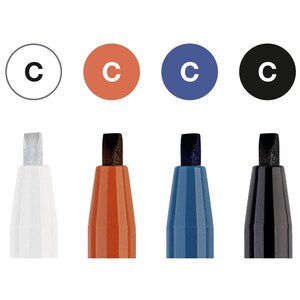 May include: Four markers with different colored barrels and black nibs. The barrels are white, orange, blue, and black. The nibs are all the same shape and size. The markers are labeled with the letter "C".