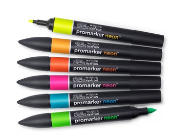 May include: Six Winsor & Newton Promarker Neon alcohol-based markers with black caps. The markers are arranged vertically with the tips facing up. The colors are yellow, orange, red, pink, blue, and green.