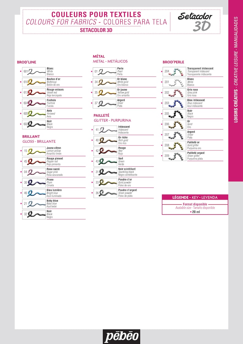 May include: A color chart for Setacolor 3D fabric paint. The chart shows the different colors available in the line, including metallic, glitter, and iridescent finishes. The chart also includes the names of the colors in English, French, and Spanish.
