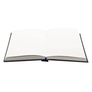 May include: A blank, open book with black covers and white pages. The book is lying flat on a white surface.