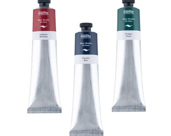 May include: Three tubes of Seawhite of Brighton water mixable oil paint. The tubes are silver with black caps. The colors are Cadmium Red Deep, Prussian Blue, and Viridian Green.