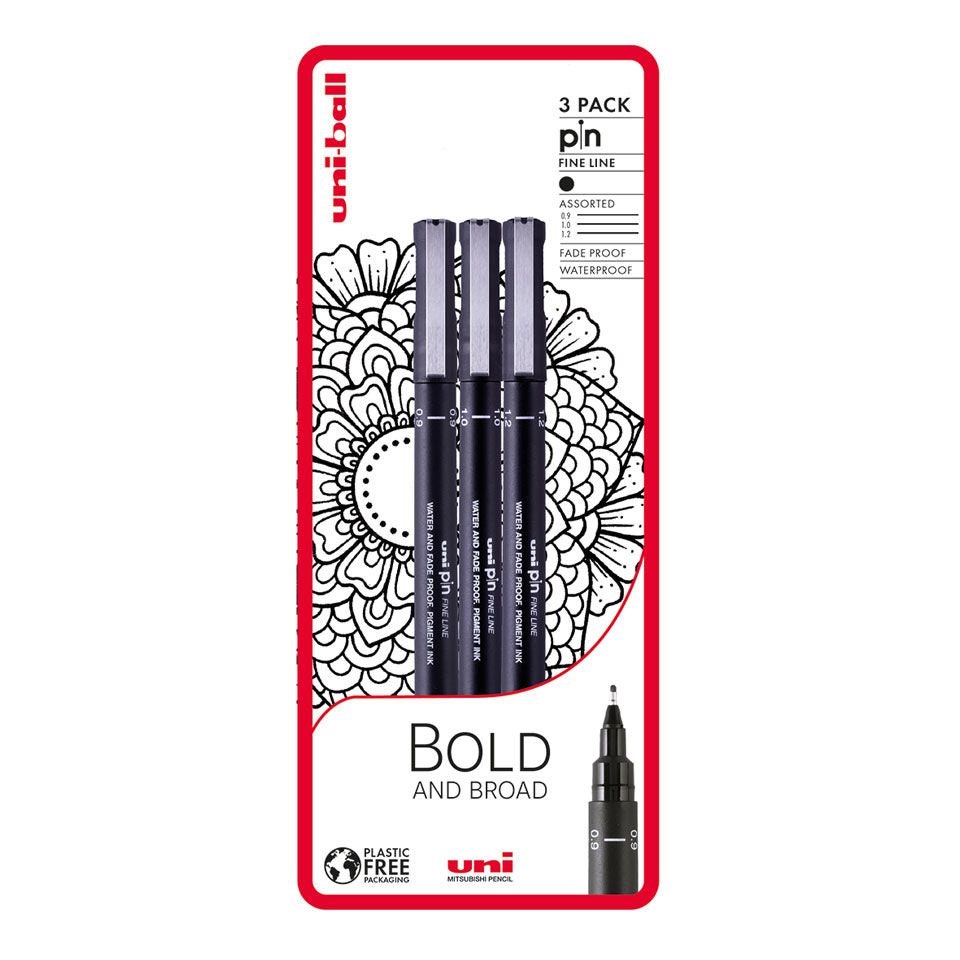 UNI-BALL PIN Drawing Pen Ultra Fine Line Marker 0.1mm Black Ink pack of 3 