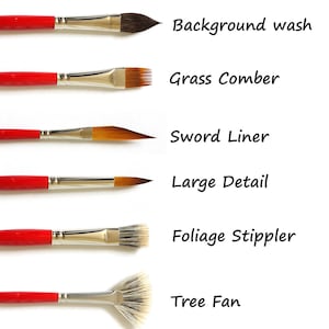 May include: Six different paint brushes with red handles and silver ferrules. The brushes are labeled with their uses: Background Wash, Grass Comber, Sword Liner, Large Detail, Foliage Stippler, and Tree Fan.