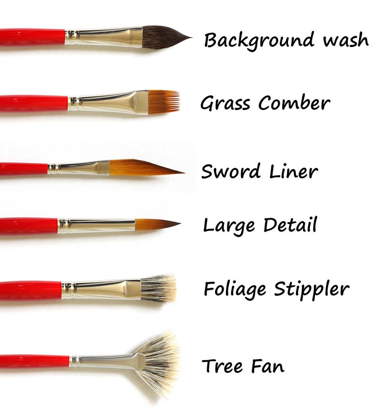 May include: Six different paint brushes with red handles and silver ferrules. The brushes are labeled with their uses: Background Wash, Grass Comber, Sword Liner, Large Detail, Foliage Stippler, and Tree Fan.