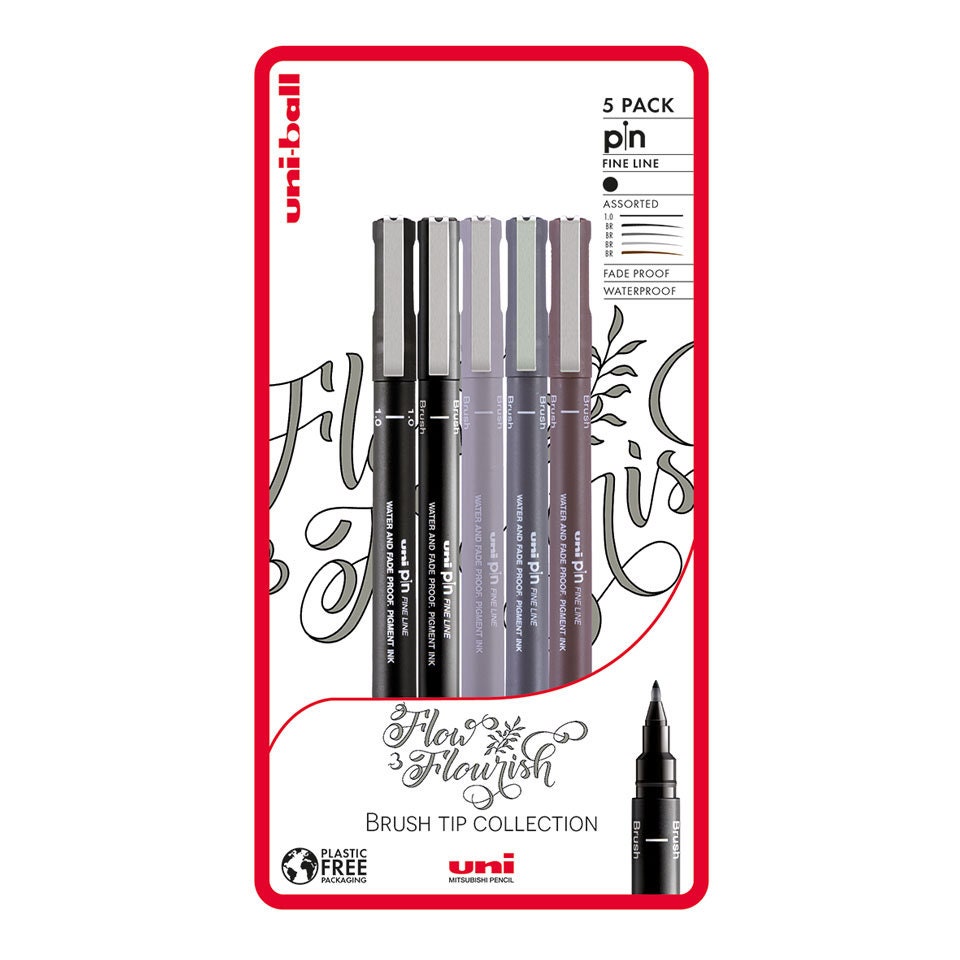 Uni-Ball PIN SET 5P BRUSH ART Drawing Pens - 5 Pack, Pigmented Ink, Waterproof, Line Width 0.03-1.2mm