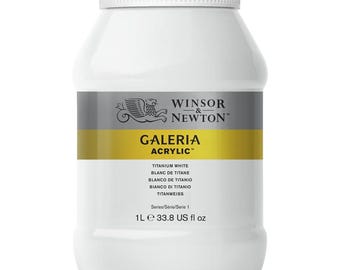 May include: A white plastic bottle of Winsor & Newton Galeria Acrylic Titanium White paint. The bottle is labeled with the brand name, product name, and color name in black and gold text. The bottle contains 1 liter (33.8 US fluid ounces) of paint.