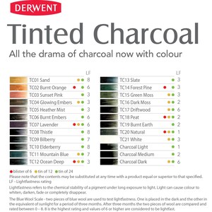 May include: A chart showing the Derwent Tinted Charcoal color range. The chart shows the color name, lightfastness rating, and a color swatch for each color. The colors range from light sand to dark charcoal.