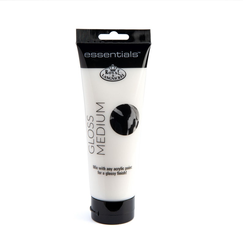 May include: A white tube of Royal Langnickel Essentials Gloss Medium. The tube has a black label with the text "Gloss Medium" and "Mix with any acrylic paint for a glossy finish!"