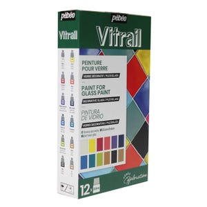 May include: A box of 12 Pebeo Vitrail glass paint bottles, each containing 20 ml of paint. The box features a colourful display of the paints on a green background. The text on the box reads "Pebeo Vitrail, Paint for Glass Paint, Decorative Glass/Plexiglass, Pintura de Vidrio, Vidrio Decorativo/Plexiglas".