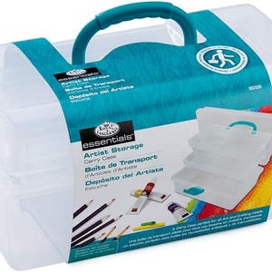 May include: A clear plastic storage case with a teal handle and lid. The case has three compartments and is labelled "Artist Storage Carry Case" in black text on a teal background. The case is ideal for storing and transporting art supplies.