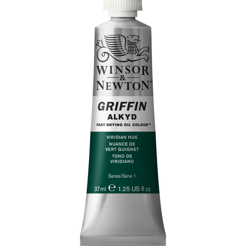May include: A tube of Winsor & Newton Griffin Alkyd fast drying oil color in the shade Viridian Hue. The tube is silver with a green label and the Winsor & Newton logo. The tube is 37 ml or 1.25 US fl oz.