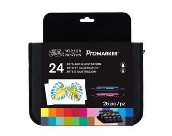 May include: A black carrying case containing a set of 24 Winsor & Newton ProMarker art markers. The case features the brand name, product details, and a color palette. The image includes a sample illustration and the text "25 pc/pz".