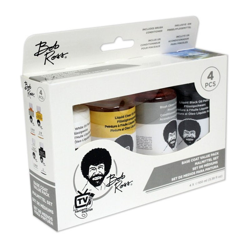 May include: A set of four Bob Ross oil painting mediums in a white box with a picture of Bob Ross on the front. The set includes white oil, liquid clear oil, brush cleaner, and liquid black oil paint. The box says "Base Coat Value Pack" and "4 x 100 ml (3.38 fl oz)".