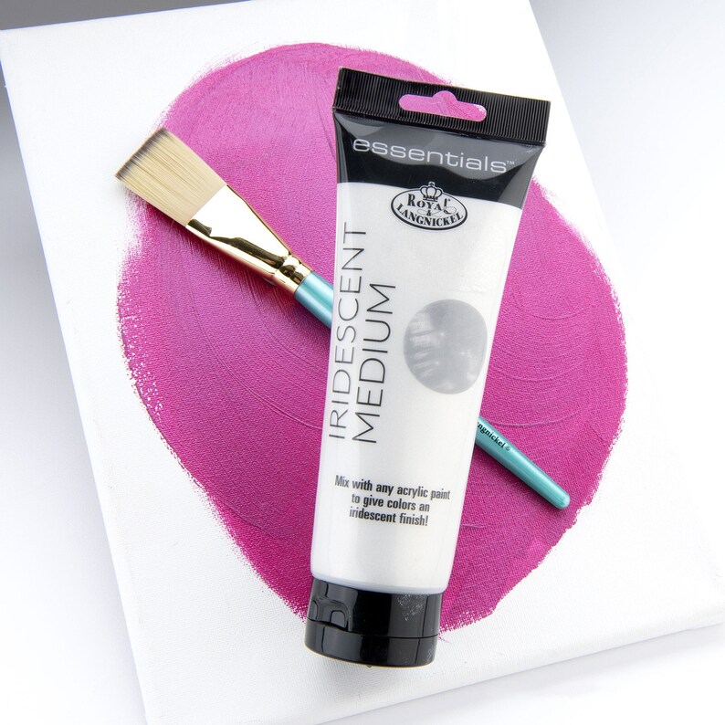 May include: A white tube of iridescent medium for acrylic paint. The tube has a black cap and a label that says "essentials&trade;" and "Royal Langnickel". The label also says "Iridescent Medium" and "Mix with any acrylic paint to give colors an iridescent finish!"