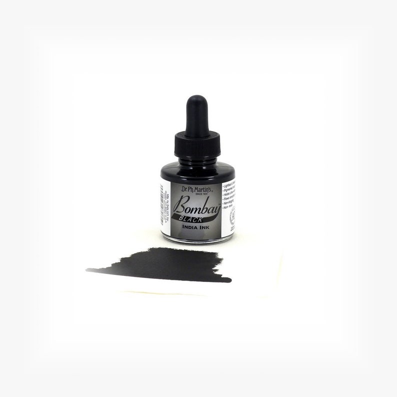 May include: A small bottle of Dr. Ph. Martin's Bombay Black India ink. The bottle is clear glass with a black dropper cap. The label is black and white with the text "Dr. Ph. Martin's, Bombay Black India Ink".