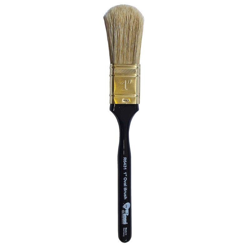 May include: A 1-inch oval brush with a black handle and gold ferrule. The brush is labelled "R6431 1" Oval Brush" and "P.J. Voss" Made in Germany.