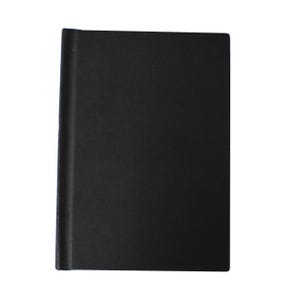May include: A black notebook with a textured cover.