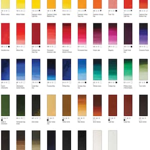 May include: A color chart showing 48 different shades of Winsor & Newton Griffin Alkyd fast drying oil colors. The chart is organized by color family, with yellows, oranges, reds, purples, blues, greens, browns, and blacks. Each color is labeled with its name, number, and permanence rating.