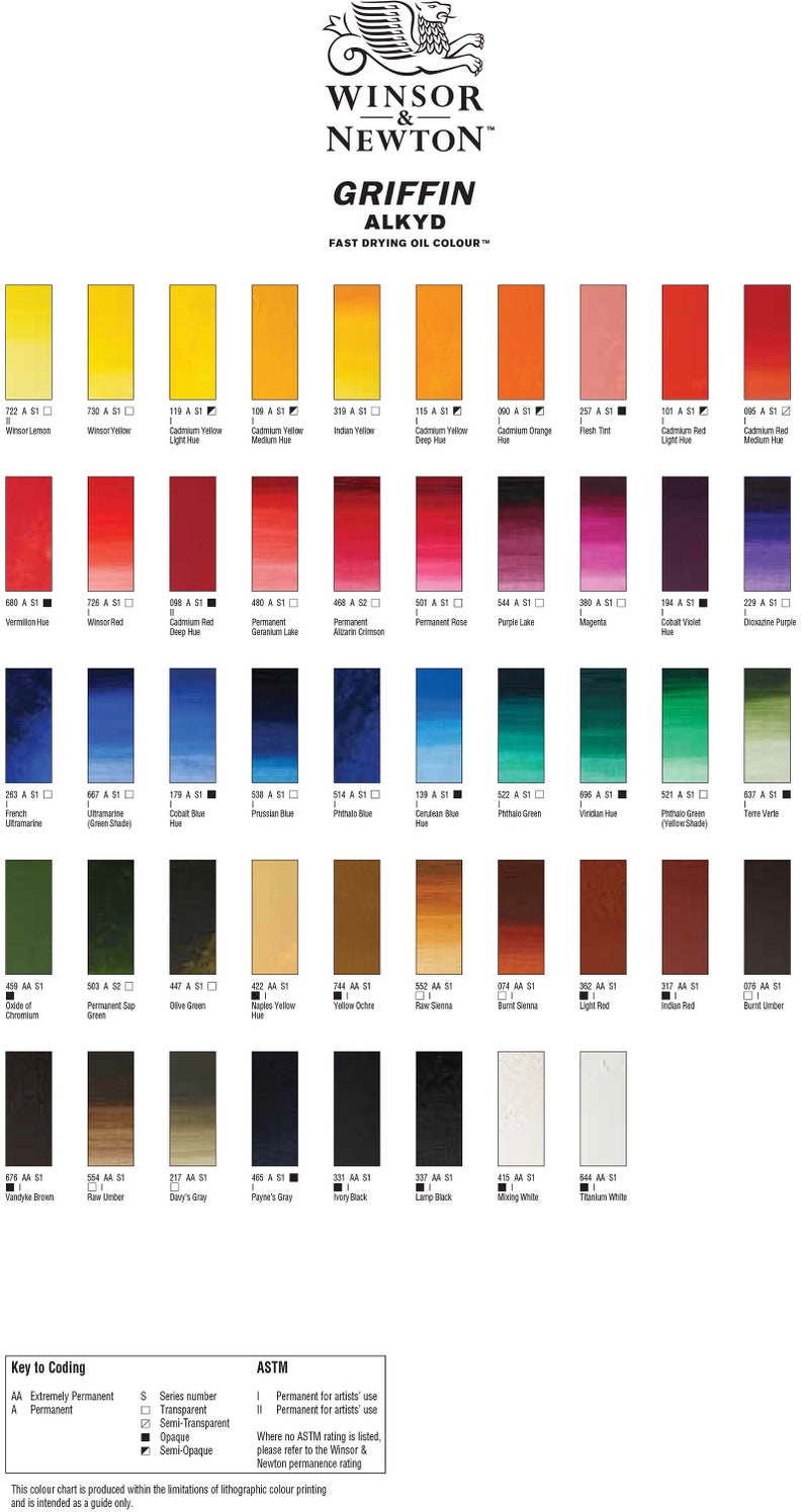May include: A color chart showing 48 different shades of Winsor & Newton Griffin Alkyd fast drying oil colors. The chart is organized by color family, with yellows, oranges, reds, purples, blues, greens, browns, and blacks. Each color is labeled with its name, number, and permanence rating.