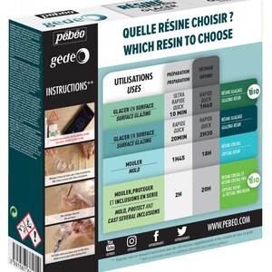 May include: A blue and white box with the text "pēb&eacute;o gede" and "INSTRUCTIONS**" on the front. The box contains a resin product for glazing and molding. The back of the box has a chart with information about the different types of resin, their uses, preparation time, and drying time. The chart includes the text "GLACER EN SURFACE", "MOULER", "MOULER, PROTEGER ET INCLUSIONS EN SERIE", "R&Eacute;SINE GLA&Ccedil;AGE", "R&Eacute;SINE CRISTAL", and "RESINE CRISTAL ET RESINE CRISTAL PRO".