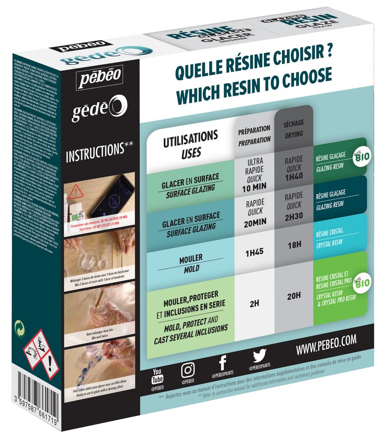 May include: A blue and white box with the text "pēb&eacute;o gede" and "INSTRUCTIONS**" on the front. The box contains a resin product for glazing and molding. The back of the box has a chart with information about the different types of resin, their uses, preparation time, and drying time. The chart includes the text "GLACER EN SURFACE", "MOULER", "MOULER, PROTEGER ET INCLUSIONS EN SERIE", "R&Eacute;SINE GLA&Ccedil;AGE", "R&Eacute;SINE CRISTAL", and "RESINE CRISTAL ET RESINE CRISTAL PRO".