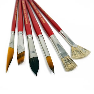 May include: Set of six paint brushes with red handles and silver ferrules. The brushes have different shapes and sizes, including a fan brush, a round brush, and a flat brush.