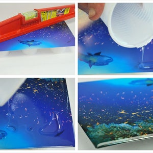 May include: A step-by-step guide on how to create a resin art piece with a blue ocean and coral reef scene. The image shows a level being used to ensure the resin is evenly distributed, followed by pouring the resin onto the image, and finally the finished resin art piece.