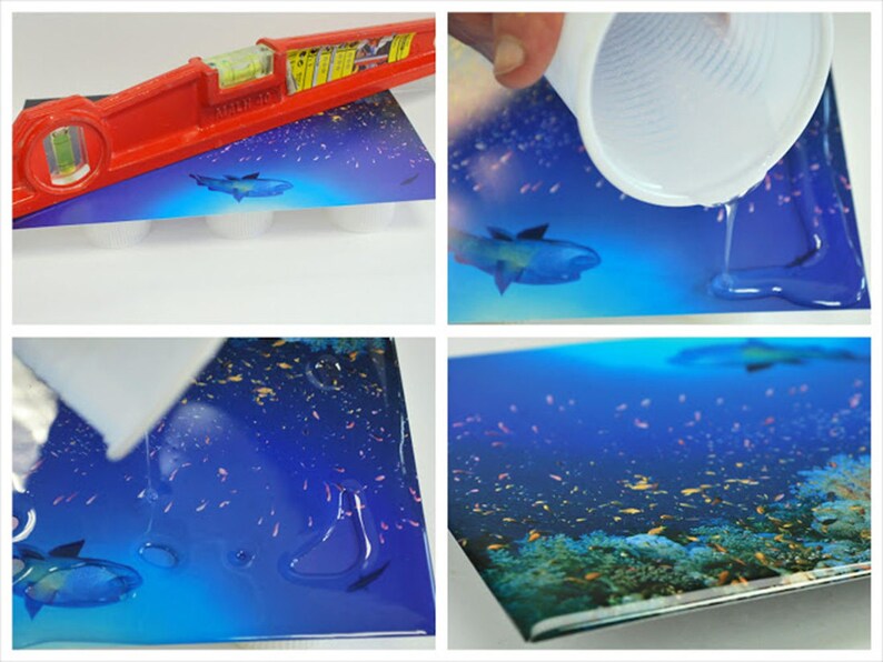 May include: A step-by-step guide on how to create a resin art piece with a blue ocean and coral reef scene. The image shows a level being used to ensure the resin is evenly distributed, followed by pouring the resin onto the image, and finally the finished resin art piece.