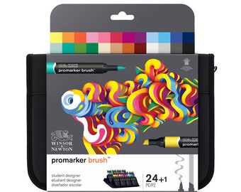 May include: A black case containing a set of Winsor & Newton Promarker Brush pens. The packaging features colourful abstract artwork and the text "promarker brush". Includes 24 pens plus one, with a colour chart.