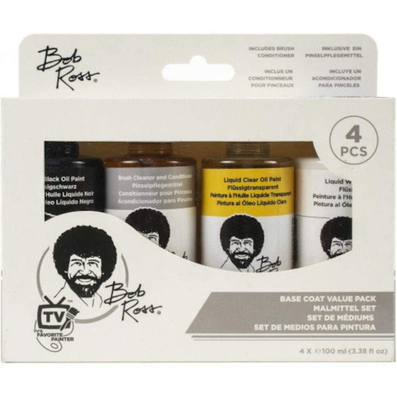 May include: A set of four 100 ml bottles of Bob Ross painting mediums. The set includes black oil paint, brush cleaner and conditioner, liquid clear oil paint, and liquid white. The bottles are labeled in English, German, French, and Spanish.