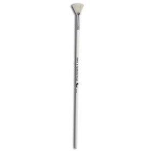 May include: A white fan brush with a long, white wooden handle. The handle has the text "R14413 3" Fan Blender Brush" printed on it.