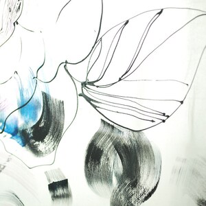 May include: Abstract art print featuring black and white lines and brushstrokes on a white background. The artwork includes a large leaf shape with a blue and black brushstroke in the background.