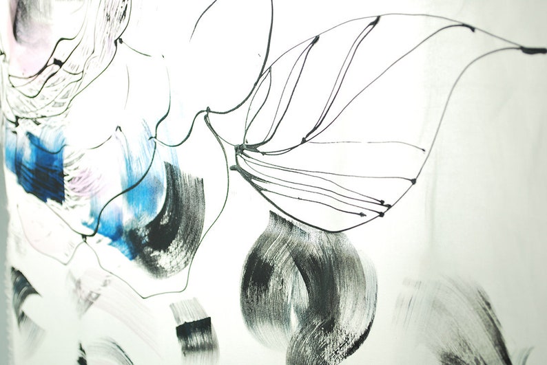 May include: Abstract art print featuring black and white lines and brushstrokes on a white background. The artwork includes a large leaf shape with a blue and black brushstroke in the background.