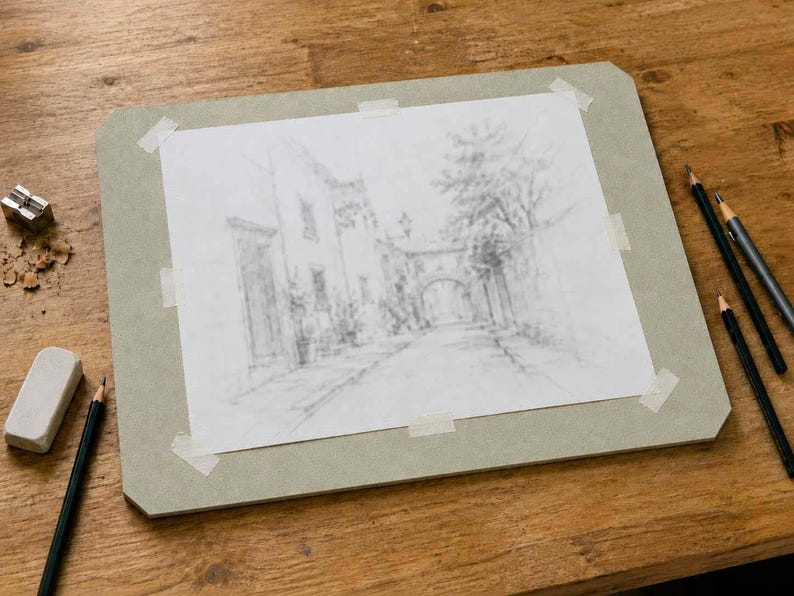 Peut inclure: Un croquis au crayon d'une sc&egrave;ne de rue est fix&eacute; sur une planche &agrave; dessin grise. Un taille-crayon, une gomme et plusieurs crayons sont dispos&eacute;s sur une surface en bois. Le croquis repr&eacute;sente des b&acirc;timents et une entr&eacute;e vo&ucirc;t&eacute;e.