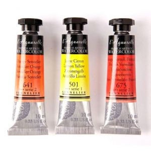 Pu&ograve; includere: Tre tubetti di acquerello L'Aquarelle. I tubetti sono etichettati con i nomi e i numeri dei colori: 641 Senode Orange, 501 Jaune Citron e 675 Vermillon. Ogni tubetto contiene 10 ml (0,33 fl oz US).