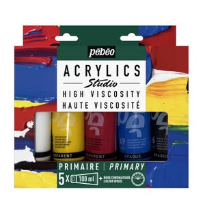 Pebeo Studio Acrylic Paint Primary Set 5 x 100ml + Colour Wheel