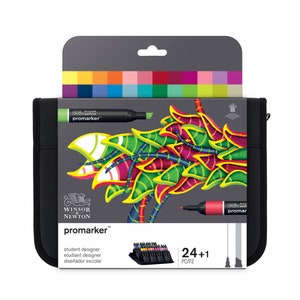 May include: A set of 24 Winsor & Newton Promarker alcohol-based markers in a black carrying case. The markers are arranged in a rainbow colour order. The case has a zipper closure and a handle. The packaging includes the text "promarker" and "24+1 PC/PZ".