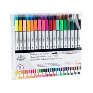 May include: A set of 36 Royal Langnickel fineliner artist markers in a clear plastic case. The markers are arranged in rows of 12, with the caps facing up. The markers are labelled with the brand name and the colour number. The case also includes a description of the markers in English, French, and Spanish.