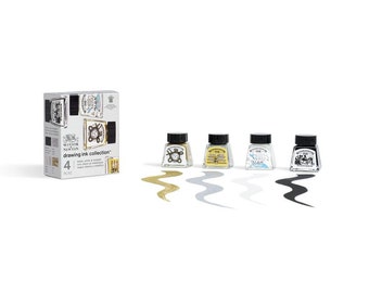 Winsor & Newton Drawing Ink Collection 4pc - Black, White, Gold, Silver