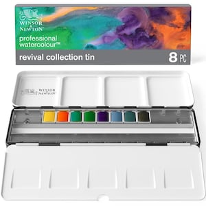 Pode incluir: Conjunto de aquarela Winsor & Newton Revival Collection Tin com 8 pastilhas de tinta de aquarela. A lata é branca com uma borda preta e tem uma tampa de plástico transparente. As pastilhas de tinta estão dispostas em duas filas de quatro. As cores da tinta são uma mistura de tons brilhantes e suaves.