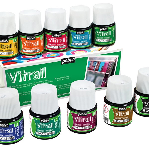 Pebeo VITRAIL Peinture pour verre, couleurs assorties, coffret 10 x 45 ml