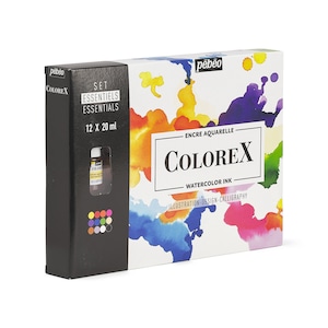 May include: A Pébéo Colorex watercolour ink set in a box. The box is black and white, with the text "SET ESSENTIALS" and "12 x 20 ml". It includes a small ink bottle and a colour chart. The ink is for illustration, design, and calligraphy.